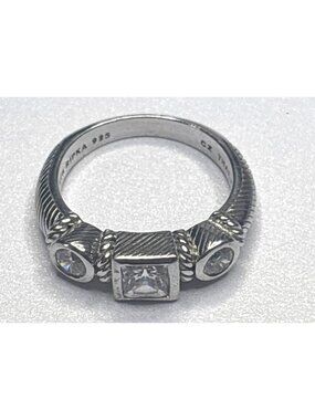 Judith Ripka Sterling Silver 925 CZ Three Stone Rope Design Ring Sz 9